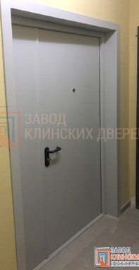 полуторная металлическая дверь серого цвета с дополнительной глухой узкой створкой - фото внутри