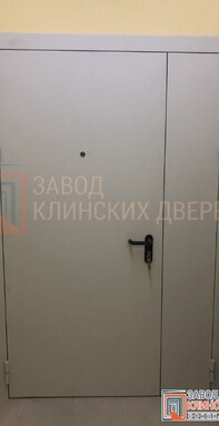 полуторная металлическая дверь серого цвета с дополнительной глухой узкой створкой - фото снаружи.jp