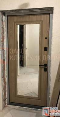 простая квартирная дверь с зеркалом внутри и мдф цвета орех